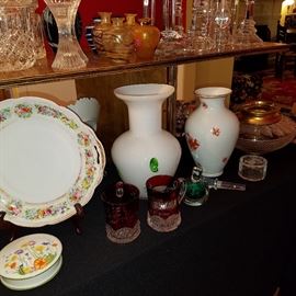 Limoges box, Saxony plate, Ruby flashed souvenirs, Vase with rust color decor is Herend! 