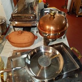 Chafing dish (copper), buffet server, etc.  Pans in foreground are a few of the Spring Switzerland pans and trays.  Many are copper outside.  NICE!