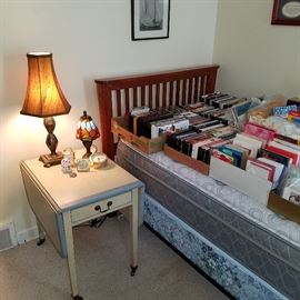 Mission style twin bed, painted drop-leaf stand, lamps (tall one from 1920's)