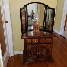 Dark pine stand, triple fold mirror (not attached, and priced separately), decorative items
