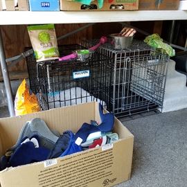 Small animal cages (used for small dogs), dog clothing, etc.