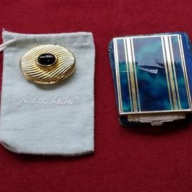Judith Leiber pill box, and vintage Art Deco compact with damage on front (celluloid is splitting, but is all there.....made in Austria)