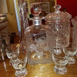 Etched decanter & glasses featuring African animals