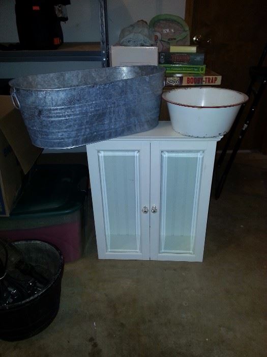 Medicine cabinet ($10), metal ice bucket (or planter ($20) and antique wash basin ($20)