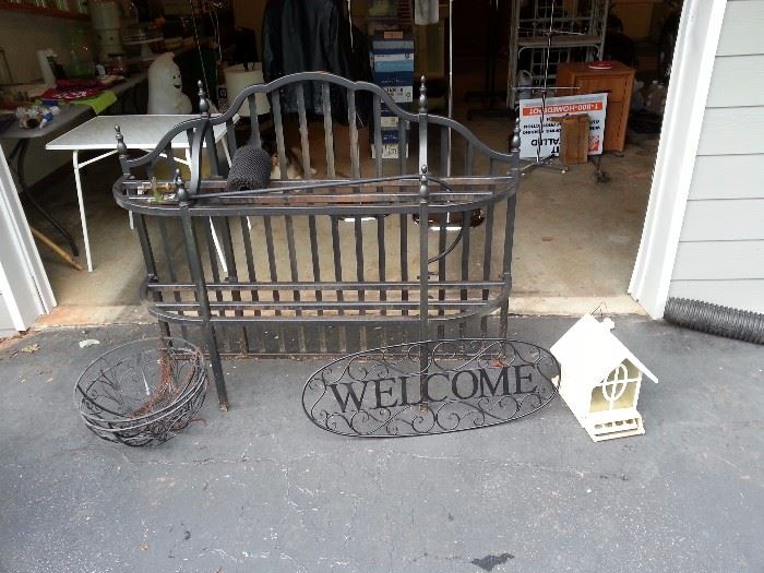 Heavy wrought iron plant stand ($50) and various other outdoor items $5 up