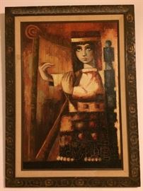 painting in hand carved wooden frame with linen liner