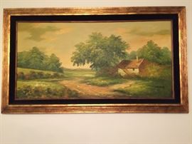 Gold leaf wood frame with black liner, oil painting signed by Edwardo