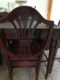 Duncan Phyfe Mahogany Regency Dining Set with table, sideboard and 6 shield back chairs.