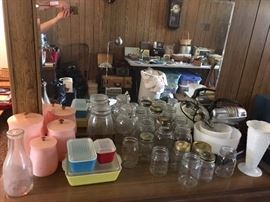 Vintage mixer, jars, pyrex, milk glass
