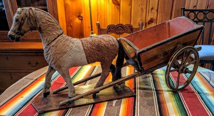 Antique German Horse Hide Pull Toy w/Wagon (1890's)