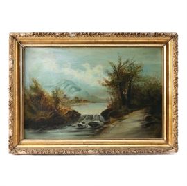 Early 20th-century Helen Oil Painting on Board Landscape: An early 20th-century oil painting on board, dated 1904. The piece depicts a tranquil landscape with a watercourse surrounded by trees and distant mountains to the background. The painting is signed with the artist’s initials “E.P. T.” and dated “04” to the lower right. Presented without glass, in an ornate gesso and gilt frame. Inscriptions with unmatching artist name and year are inscribed to the verso. Hanging wire affixed to the verso.