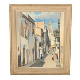 Ezequiel Torroella Oil on Canvas Cityscape Painting: An oil on canvas cityscape painting by Ezequiel Torroella (Spanish, 1921 – 1998). It depicts a narrow street through a sunny Mediterranean town. It is signed and dated “e. Torroella 60” to the lower right and is mounted in a wood frame with a pale brown finish. The frame is wired for hanging.
