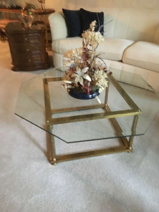 Brass squared base with octagon glass top coffee table Buy IT NOW $80 OBO