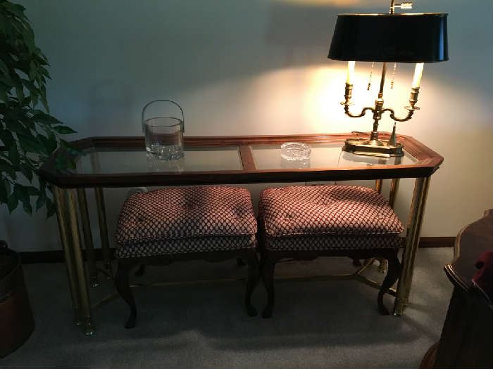 Brass wood and glass sofa table with 2 drexel heritage foot stools Wildwood Lampholder Brass lamp