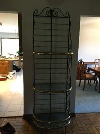 Wrought iron, brass and glass bakers rack