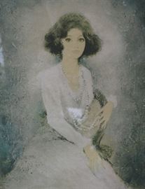 Elegant Lady - Signed & Numbered Lithograph
Finely framed in metallic, gold-colored beveled and detailed frame. Bordered and matted. Features artist's signature. See photos. Appears to be numbered "4/75" (7 might be a 6 or 8). Hardware ready for hanging. Price tag on back reads "$595.00" Lithograph appears to be circa 1960s. Overall very good condition.
Frame measures 34 1/2" x 28"