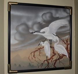 Antique Framed Asian Stork Art
Very pretty frame with brass accents on corners.
Matriarch of owner's family wrote on sticky note on the back of frame: "This is a very old Chinese art. I had it reframed."
Frame measures 30" x 30"