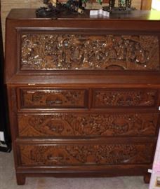 Beautiful Vintage Wood-Carved Secretary Desk
Beautiful Asian carvings. Very intricate. Top opens up to desktop w/ removable organizing shelves and a drawer. Features 4 intricately carved drawers. Overall good condition with some surface wear. 42”Tall x 27”wide x 17”deep. With desktop opened, 30”deep.