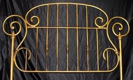 Vintage Gold-Iron Headboard
Appears to be iron that has been painted gold. Stamped "Kessler 270" Measures approximately 5'2"tall x 70"wide. Two legs are 59 1/4"wide. Appears to be able to accommodate three different sizes of bed frames. Overall very good condition.