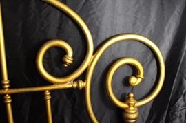 Vintage Gold-Iron Headboard
Appears to be iron that has been painted gold. Stamped "Kessler 270" Measures approximately 5'2"tall x 70"wide. Two legs are 59 1/4"wide. Appears to be able to accommodate three different sizes of bed frames. Overall very good condition.