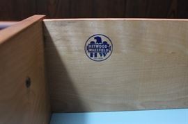 Vintage Haywood-Wakefield Slide-Top Dresser
Measures 45"tall x 41"wide x 20 1/2"deep. Slide-top works very well. Original pulls. Slide-top opens to reveal two interior drawers and storage space. 3 lower drawers all slide very well. Very good overall condition. Light colored solid wood construction.