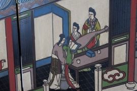 Stunning Vintage Asian-Style Room Divider
6 brass hinged panels. Each panel is 6'tall x 16"wide. Gorgeous and detailed front features scene depicting many people doing various activities in and outside of beautiful dwellings. Backside is more subtlely decorated with bamboo and birds lakeside scene on black. Overall good condition with some visible signs of wear that's common with age. Some spots, light chips, etc.