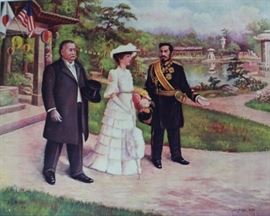 "A President's Daughter at the Mikado's Court"
A vintage reproduction print. Bottom left reads "Printed. Copyright, 1905, William W. Hudson" Original painting signed by S.B Shiley 1905. Bottom right of painting reads "Copyright, 1905"
Appears to feature President William McKinley. Overall good condition, some tears on edges.
Frame measures 12 1/2" x 15"