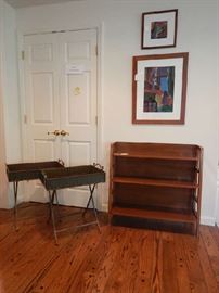 PAIR OF TRAY TABLES AND PAIR OF MODERN SHELVES