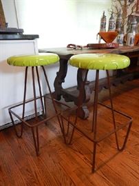 PAIR OF STOOLS, ANOTHER PAIR IN BASEMENT WITH SEAT COVERS NOT AS GOOD