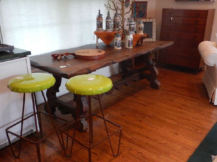 PAIR OF GREEN STOOLS AND PONDEROSA TABLE