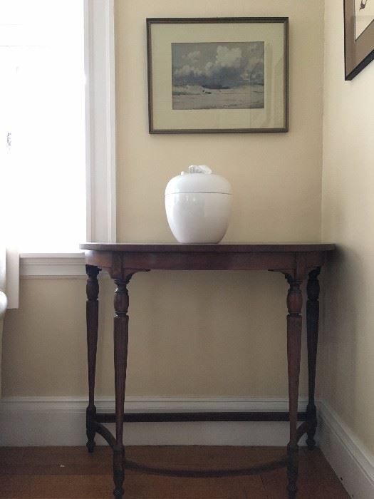 Vintage Demi Lune Table, Tiffany Lidded Apple Jar