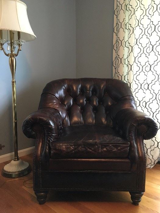 Tufted Leather Club Chair with Ottoman, Ottoman not Shown
