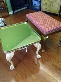 Coffee table with glass tray top; upholstered bed bench