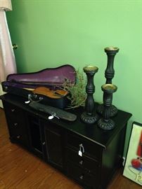 Violin (as is); set of candle holders; black TV stand