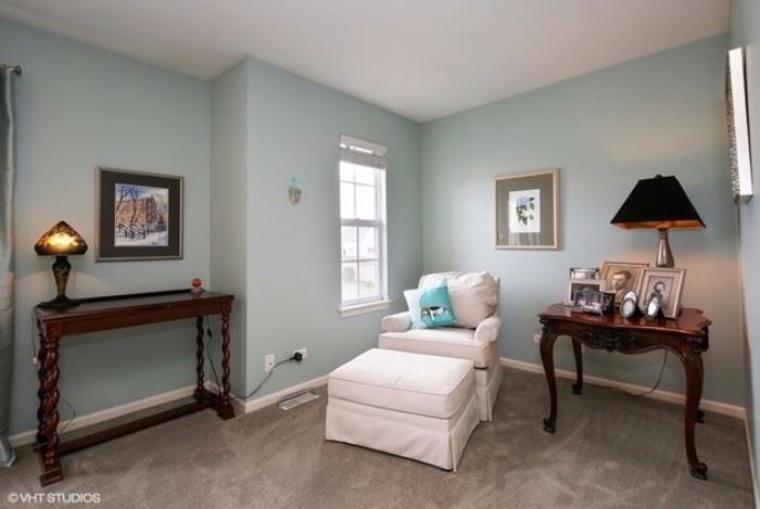 White overstuffed chair and ottoman, wow, comfy!