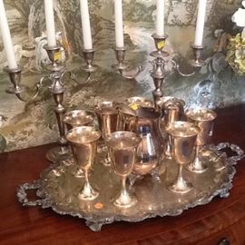 Sterling goblets, tray and candlesticks