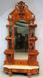 043a  All original walnut Victorian etagere with marble base, burl trim, 7 ft. 11 in. T, 49 in. W, 16 in. D.
