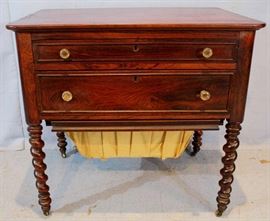 060a  Rosewood Victorian sewing cabinet with sewing drawer, glass pulls and barley twist legs, 30 in. T, 32 in. W, 22 in. D.