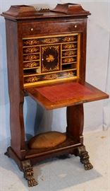 071a  Unusual inlaid rosewood drop front desk with feather carved feet, missing 2 drawers, 52 in. T, 24 in. W. 22 in. D.