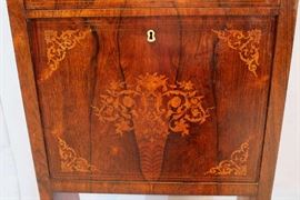 071e  Unusual inlaid rosewood drop front desk with feather carved feet, missing 2 drawers, 52 in. T, 24 in. W. 22 in. D.