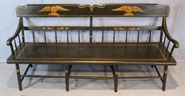 102a  Early stencil bench with plank bottom and eagles, 34.5 in. T, 72 in. L, 19.5 in. D.