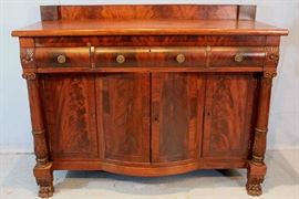110a  Flame mahogany acanthus carved column front sideboard with original glass pulls, 3 drawers, 28 in. T, 62 in. W, 25 in. D.