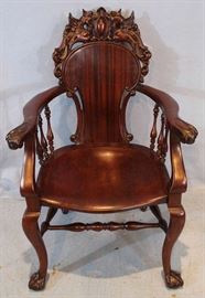 128a  Stickley side chair with heavily carved ball and claw feet, 40 in. T, 24 in. W, 19 in. D.