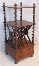 156b  Rosewood Canterbury with barley twist columns and 2 drawers, 38 in. T, 15 in. Sq.