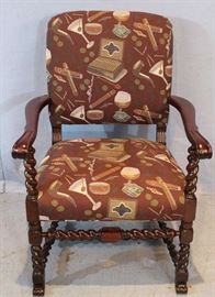 283a  Mahogany cocktail chair with barley twist legs, new upholstery, 38 in. T, 28 in. W, 19 in. D.