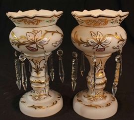 340a  Pair small white mantle lusters with gold paint, 11 in. T, 6 in. Dia.