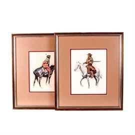 Pair of Vintage R. Wolfe Old West Watercolor Paintings: A pair of Western themed watercolor depictions. this pair features Native American Chieftains, one appears to be Tecumseh, while the other was not identified. These wonderful depictions are signed by the artist “R. Wolfe.” Housed securely under glass, with tan and red double matting, and a basic brown and gold accented frame.