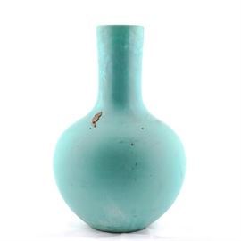 Vintage Chinese Long Neck Vessel with Wax Export Seal: A vintage Chinese long neck vessel, with the “jian ding” (鐘鼎) red wax export seal still affixed. This vase features a bulbous body with a long neck, in a bluish-green glaze. Part of the jian ding seal is still affixed to the body, and appears to be one that came into use in 1997. This, and other variations of the seal, were affixed to approved antique and vintage exports made after 1911, though the pieces could be older.
