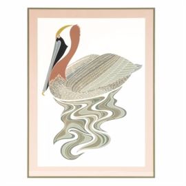 Ikki Matsumoto Signed Pelican Serigraph: A signed, limited edition serigraph, depicting a pelican, by listed artist Ikki Matsumoto (Japanese-American, b. 1935). The serigraph depicts a pelican with stylized water, in a palette of soft gray-greens, gray, golden yellow, black and terra cotta. It is hand-signed in pencil to the lower right, “Ikki Matsumoto 227/750”, along with a red artist’s stamp. The serigraph is presented with a shell pink mat and glass in a green metal frame and is ready to hang. A short biography of the artist is affixed to the frame backing.