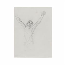 Bob Guccione Graphite Sketch on Paper Crucifixion: A graphite sketch on paper of the crucifixion of Jesus Christ by listed American artist Bob Guccione (1930-2010). Depicted is Jesus Christ upon the cross in the despair of his final moments. The sketch features a three-quarters view of Christ’s body and while there is no cross present, a nail pierces through his hand to signify the gesture. Inscribed to the verso is a notation that reads, “Portrait 7.” The work remains unmounted and unframed. The item included in this lot comes from The Guccione Collection, sold exclusively through EBTH by digital media company Jerrick. The item originates from the personal archives of Bob Guccione; media mogul, artist, and founder of Penthouse Magazine.